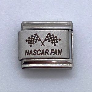 “Nascar Fan” Uberry Italian Charm for Bracelet Silver Tone Racing Car Speedway
